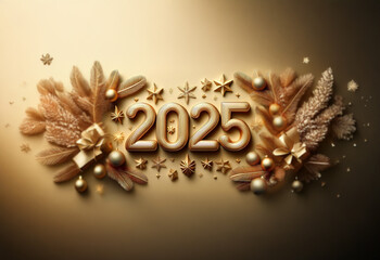 Canvas Print - Gold 2025 year number surrounded by holiday decorations and ornaments on a beige background.