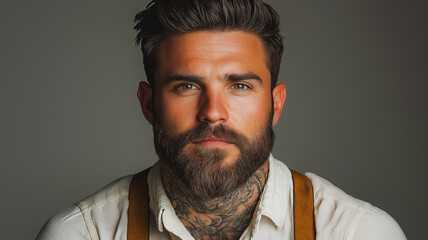 Poster - A man with a beard and tattoos on his neck and arm is wearing a brown vest. He is looking directly at the camera