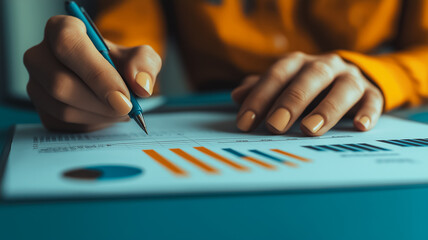 Poster - a woman is writing with a pen on a piece of paper. the paper has a graph on it, and the woman is foc