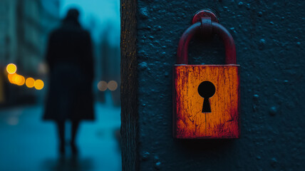 Poster - A person is walking past a red lock with a keyhole. The lock is rusty and the keyhole is missing