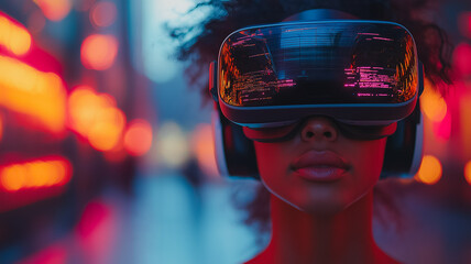 Poster - A woman wearing a virtual reality headset. The image is in a city setting with a bright orange background