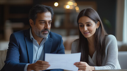 Poster - A man and a woman are looking at a piece of paper. The man is wearing a blue suit and the woman is wearing a gray sweater. They are both looking at the paper with interest