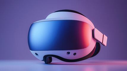 Poster - A virtual reality headset with a blue lens. The headset is on a table