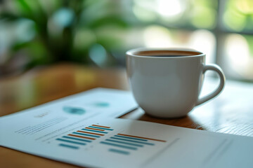 Photo Coffee Cup, Business Charts, and Blurred Greenery