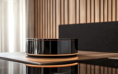 Close-up shot of a sleek, futuristic smart kitchen gadget, minimalistic design, glossy surfaces reflecting soft light, combined with natural wooden elements, photorealistic style