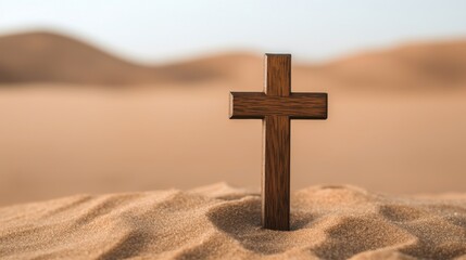 A wooden cross is standing in the sand, surrounded by a desert landscape. The cross is the focal point of the image, and it seems to be a symbol of hope and faith