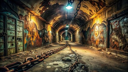  A dimly lit, weathered tunnel with a chain running down the center, the path leading towards the unknown with rusted metal doors and faded murals on the walls