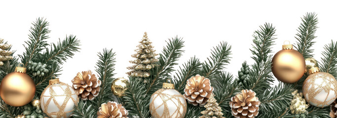 Wall Mural - a garland of christmas decorations with golden ornaments and pine branches on white background chris