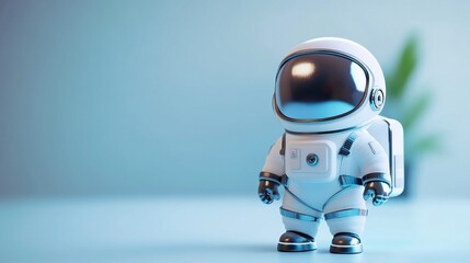 Wall Mural - A white astronaut toy stands on a blue surface with a blurred background.