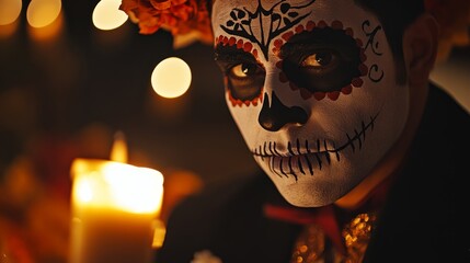 Wall Mural - Mystical Day of the Dead Portrait: Close-up of Mexican Man with Intricate Face Paint and Candlelight Illumination