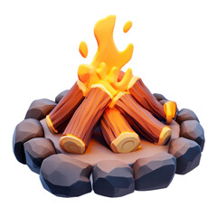 Poster - 3D Campfire Icon with Logs - Plastic Cartoon Style