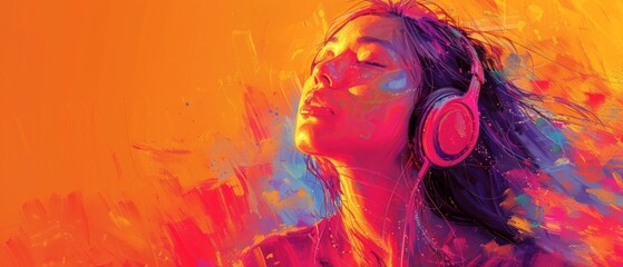 Wall Mural - Abstract digital painting features a serene woman with closed eyes, long black hair, and pink headphones in a vibrant, dynamic setting devoid of text or sunglasses.