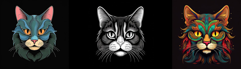 Poster - Three stylized cat heads, each with unique colors and designs.