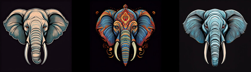 Aufkleber - Three elephant heads with different artistic styles, one with a mandala design on its head.