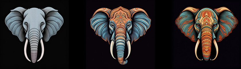 Aufkleber - Three detailed illustrations of elephant heads, one in grey and two with intricate patterns.