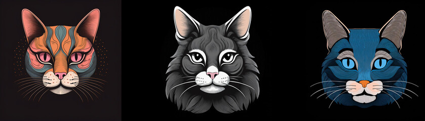 Poster - Three stylized cat heads with different fur colors and patterns.