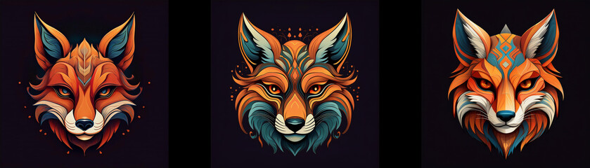Aufkleber - Three fox faces are depicted in a stylized, detailed manner, with a dark background.