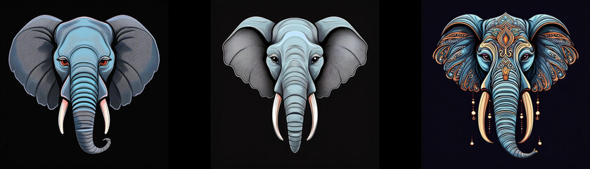 Aufkleber - Three elephant heads, one with intricate patterns on its face and ears, the others with a more realistic look.