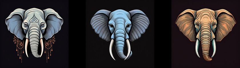 Aufkleber - Three elephant heads, each with a different colored face: white, blue, and brown. The elephants are depicted with their trunks down and their tusks visible. They have large ears and a calm expression 