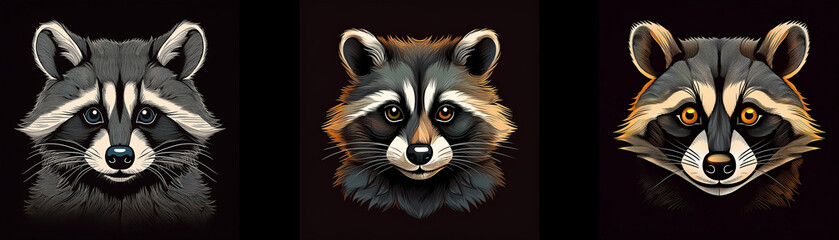 Aufkleber - Three raccoon faces are featured against a black background, each with a distinct fur color variation.