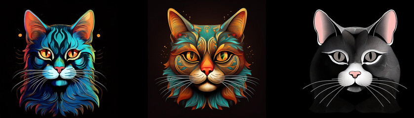 Poster - Three stylized cat heads with different color schemes. The background is black.