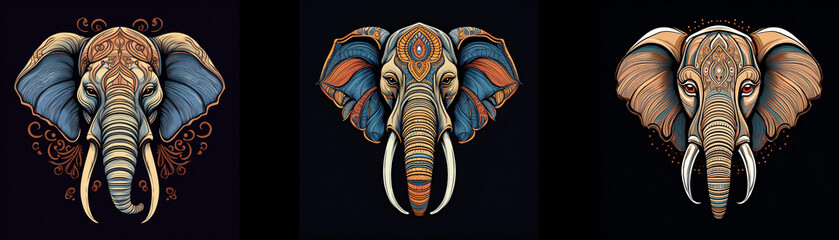 Aufkleber - Three colorful elephant heads with intricate designs.