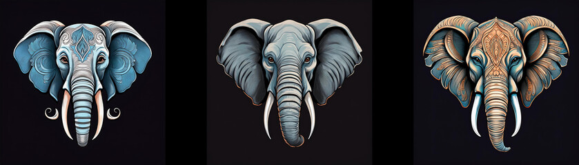 Aufkleber - Three elephant heads are featured, each with a different color scheme.