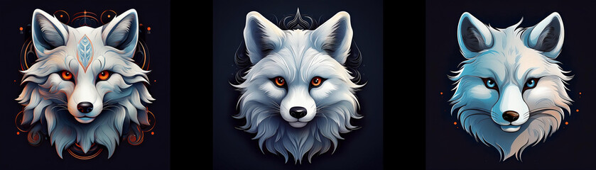 Aufkleber - Three white foxes with different shades of fur and eye colors are depicted against a dark background.