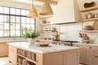 © Agus - Modern Kitchen with White Marble Countertops, Wooden Cabinets, and Rattan Pendant Lights
