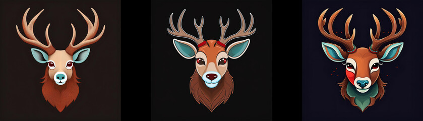 Aufkleber - Three deer heads with antlers, each with unique markings on their faces.