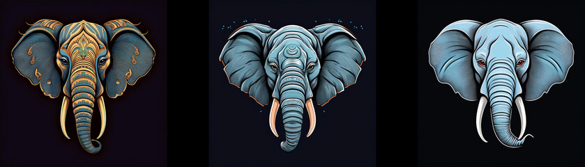 Aufkleber - Three elephant heads are featured, each with different patterns and colors.