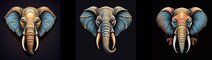 Aufkleber - Three close-up images of elephant heads with different color variations.