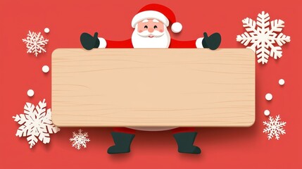 Wall Mural - Santa claus holds a blank wooden board for christmas greetings