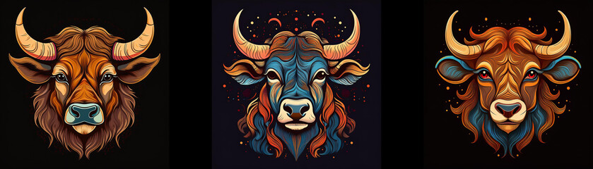 Aufkleber - Three stylized bull heads, each with different color patterns.
