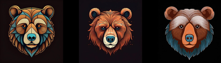 Aufkleber - Three bear heads in various artistic styles, with dark background.