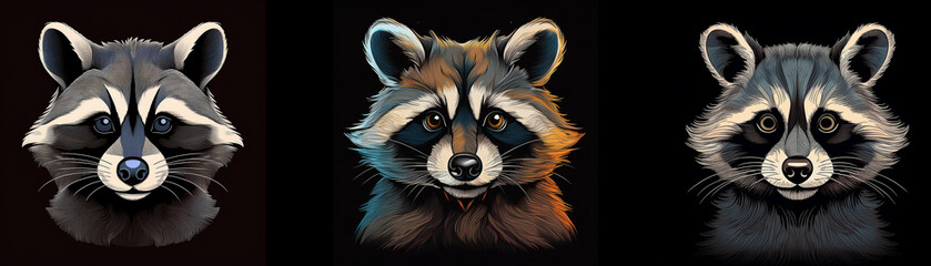 Poster - Three raccoons with different colored fur are depicted against a black background.