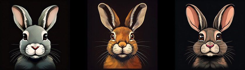 Poster - Three rabbits with different colored fur are facing forward with their whiskers visible.