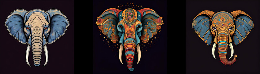 Poster - Three elephant heads with different styles, one plain, one with geometric patterns, and one with tribal designs.
