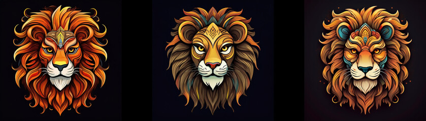 Aufkleber - Three detailed lion heads, facing forward, with colorful manes and intricate designs, set against a dark background.