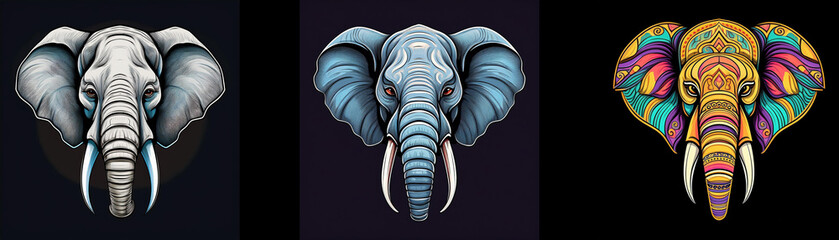 Aufkleber - Three elephant head illustrations in different color schemes, on a black background.