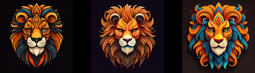 Aufkleber - Three colorful lion heads with intricate details.