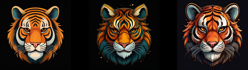 Aufkleber - Three tiger heads are displayed against a black background. Each head features a unique color palette and style.