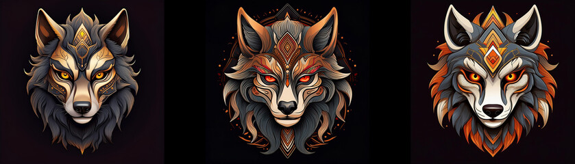 Aufkleber - Three wolf head illustrations with intricate detail and glowing eyes.