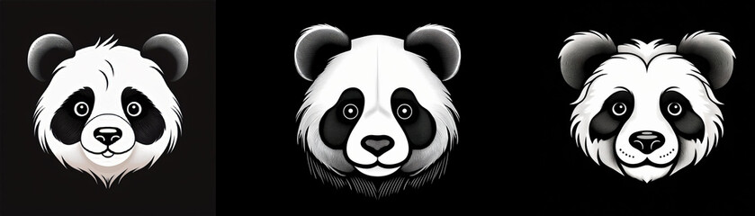 Aufkleber - Three panda bear faces, all with a black and white color scheme.