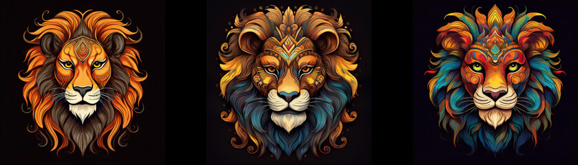 Aufkleber - Three ornate lion heads with different colors and patterns.