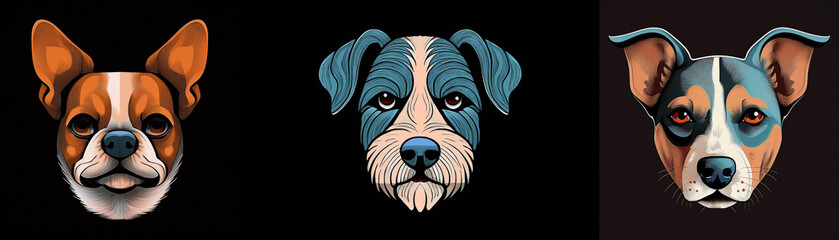 Aufkleber - Three dog faces with colorful fur against a dark background.
