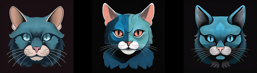 Aufkleber - Three blue and black cats with different shades of fur and facial expressions,  all on a dark background.
