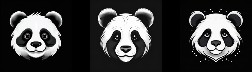 Aufkleber - Three panda bear heads are displayed on a black background.