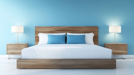 Wall Mural - A cozy, modern bedroom featuring a wooden bed with blue accents, minimalist decor, perfect for a serene retreat