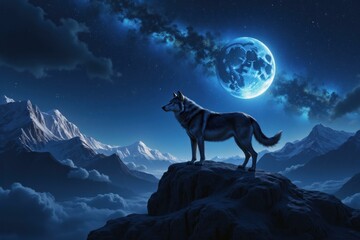  Mystical Wolf Under Blue Moonlight, Perfect for Wall Art, Home Decor, or Fantasy Themed Gifts